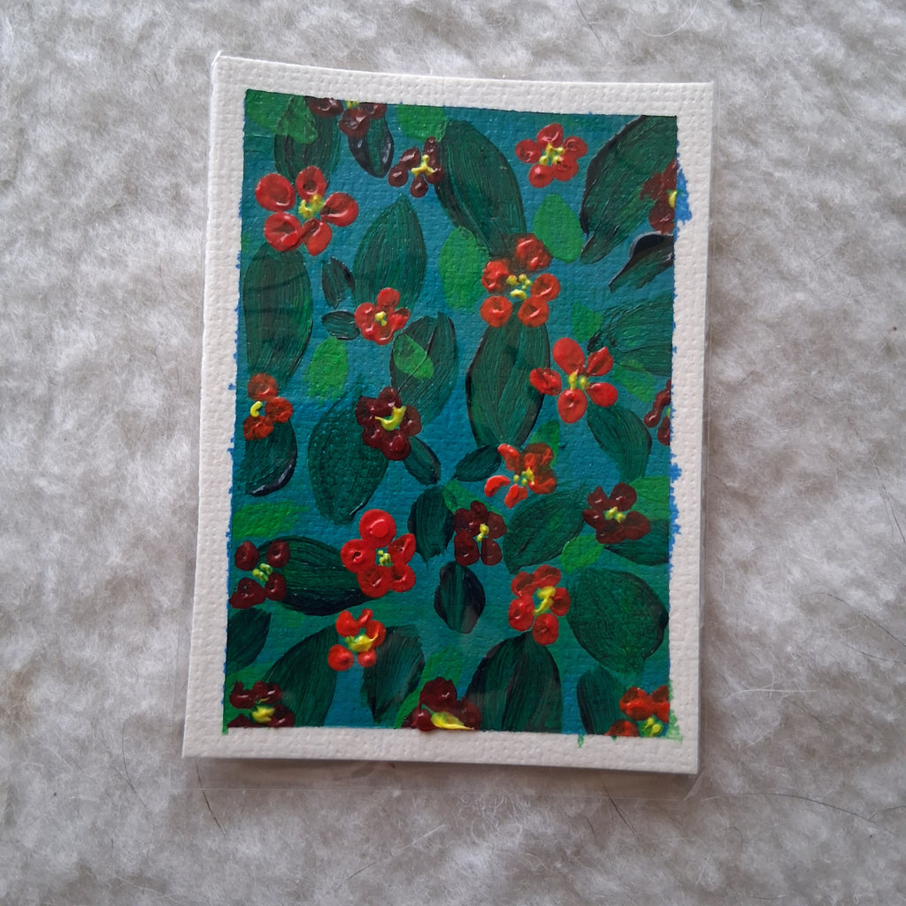 Red Garden on Teal, ACEO Acrylic, Floral Series