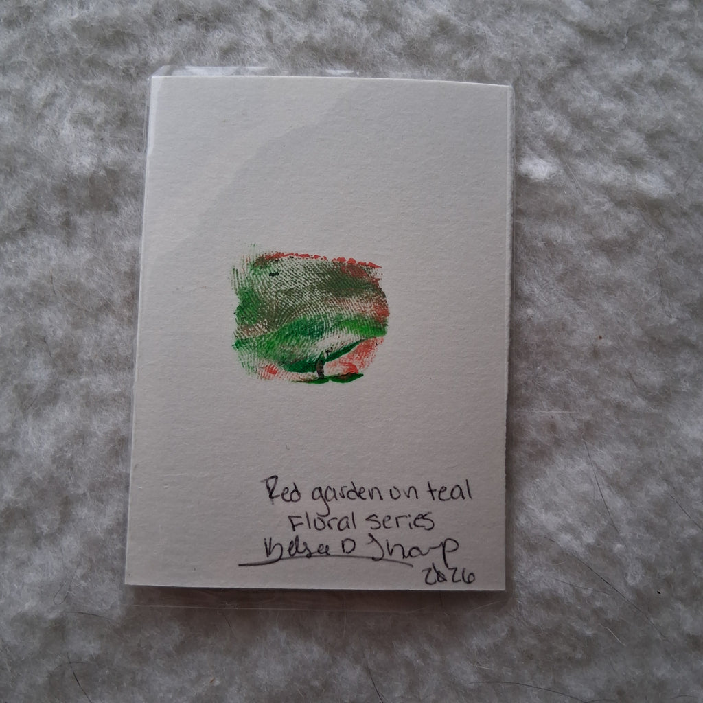 Red Garden on Teal, ACEO Acrylic, Floral Series
