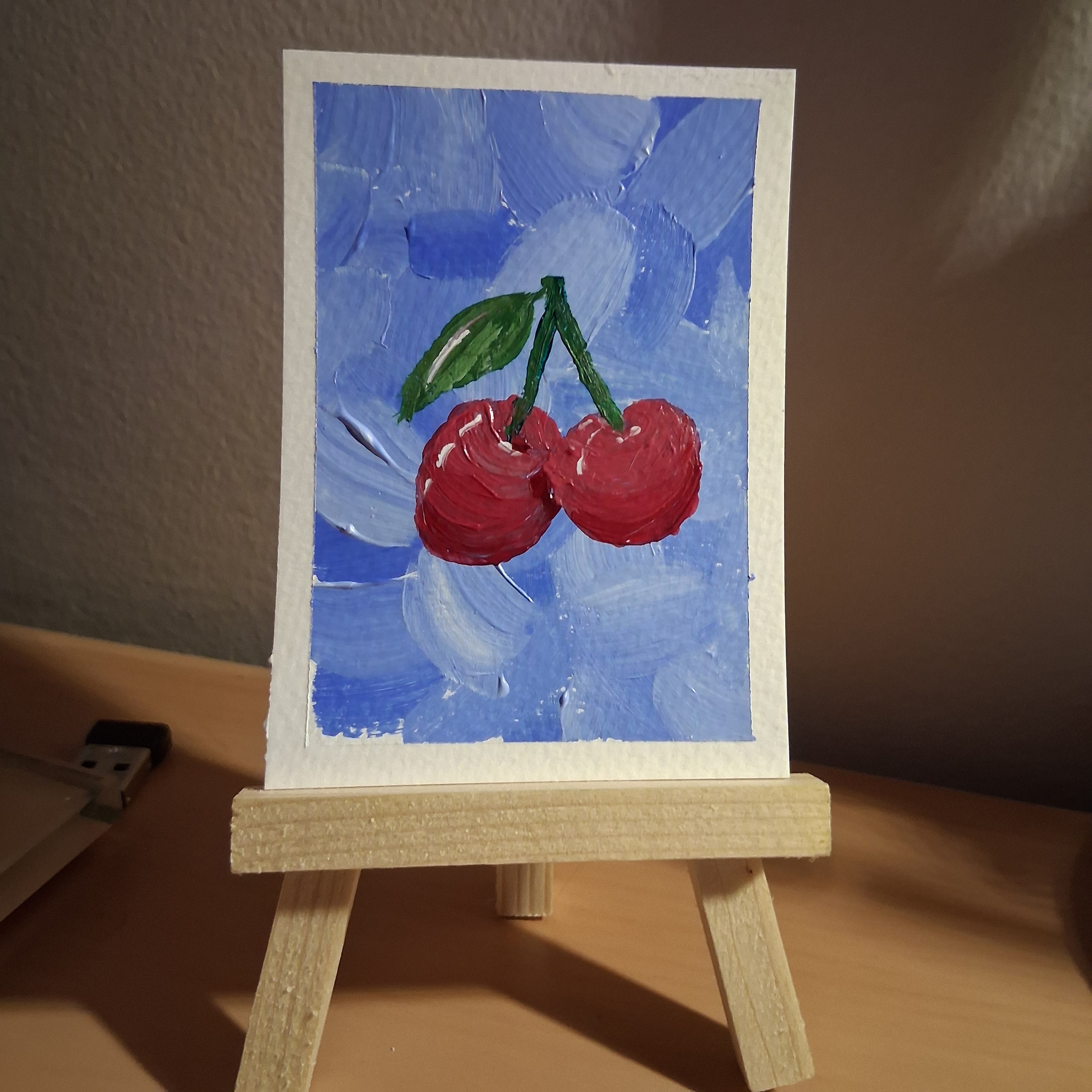 Cherry on Blue, ACEO Acrylic, Fruit Series