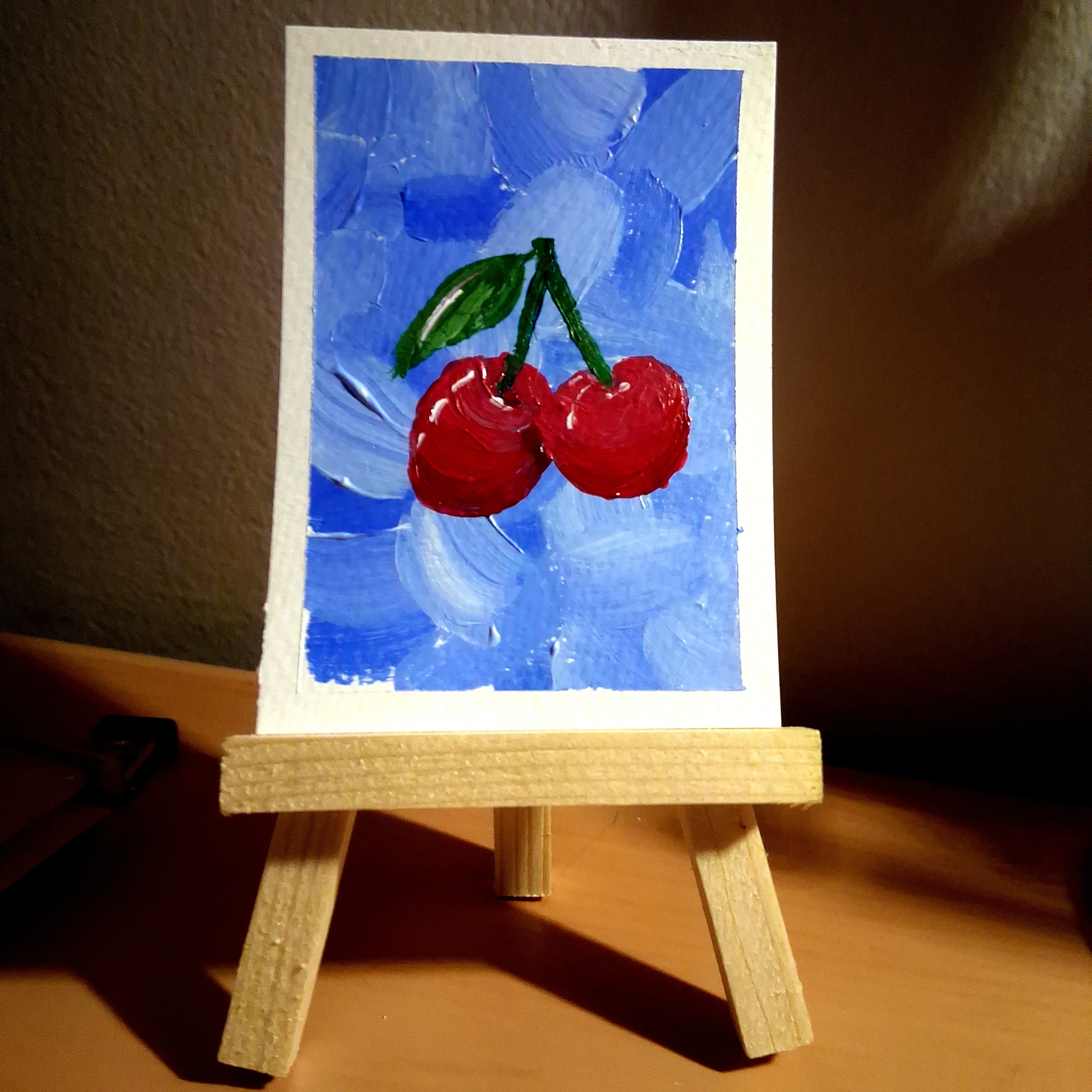 Cherry on Blue, ACEO Acrylic, Fruit Series