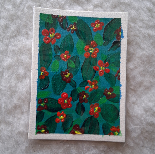 Red Garden on Teal, ACEO Acrylic, Floral Series