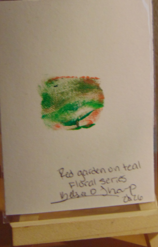 Red Garden on Teal, ACEO Acrylic, Floral Series